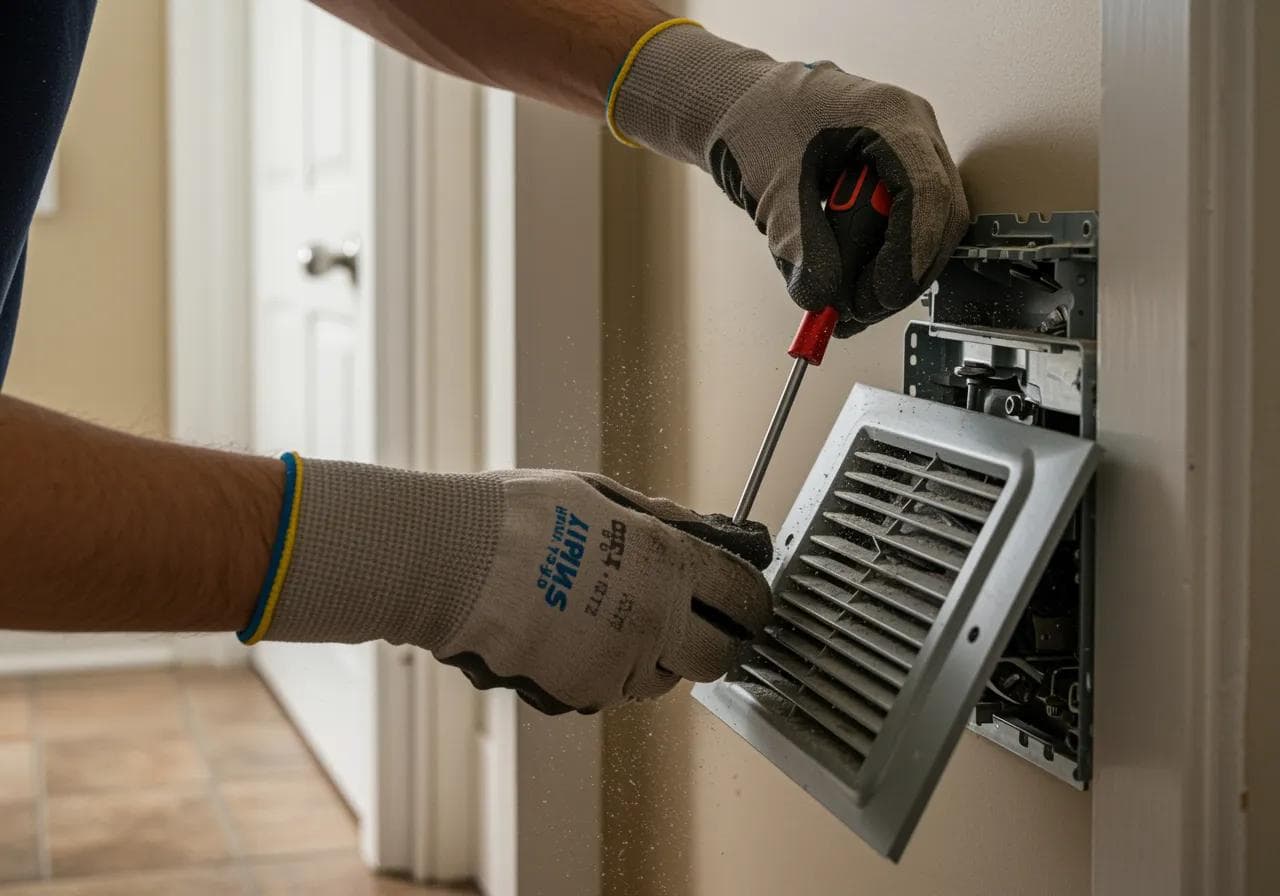 Person removing an air vent cover and cleaning it to remove dust and buildup.