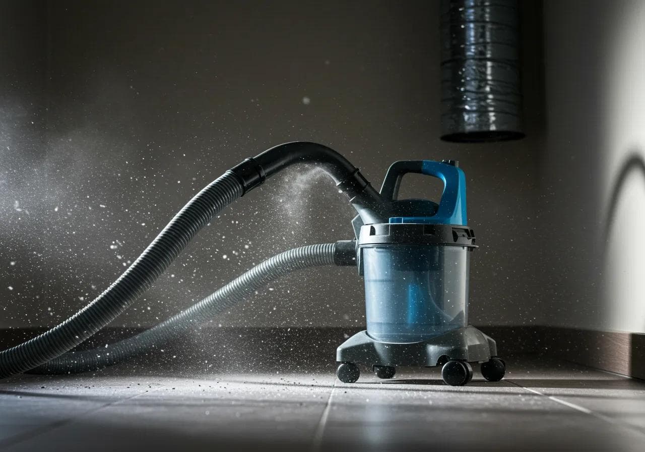 A HEPA vacuum releasing and collecting dust particles during air duct cleaning